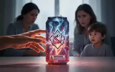Eine Hand greift nach einer Energy-Drink-Dose mit einem subtilen Warnhinweis, im Hintergrund verschwommen eine besorgte erwachsene Person und ein Kind. - Foto: über boerse-global.de