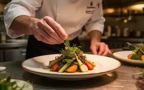 Ein Koch garniert ein kunstvoll angerichtetes vegetarisches Gericht in einer professionellen Küche mit sanftem Licht. - Foto: über boerse-global.de