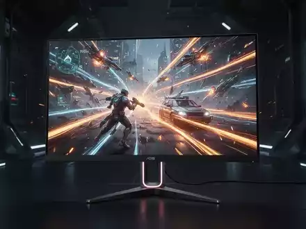 Close-up of a high-refresh-rate gaming monitor displaying a colorful, fast-moving game scene in a dark, futuristic setting. - Foto: über boerse-global.de