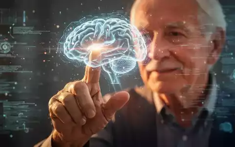 Eine ältere Hand interagiert mit einer leuchtenden holografischen Gehirnoberfläche, die Gehirntraining und geistige Fitness symbolisiert. - Foto: über boerse-global.de
