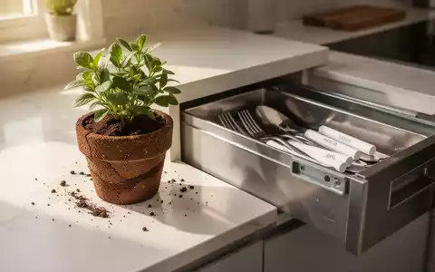 Eine saubere Küchenarbeitsplatte mit einer Pflanze in einem Topf aus Kaffeesatz und Kreide in einer Besteckschublade. - Foto: über boerse-global.de