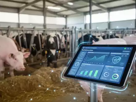 Nahaufnahme einer digitalen Schnittstelle mit Daten zur Tiergesundheit in einem modernen Stall, symbolisiert neue Vorschriften in der Viehzucht. - Foto: über boerse-global.de
