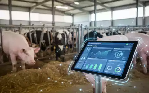 Nahaufnahme einer digitalen Schnittstelle mit Daten zur Tiergesundheit in einem modernen Stall, symbolisiert neue Vorschriften in der Viehzucht. - Foto: über boerse-global.de