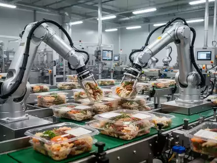 Roboterarme sortieren und verpacken Lebensmittelpakete in einer hochmodernen Produktionsanlage. - Foto: über boerse-global.de