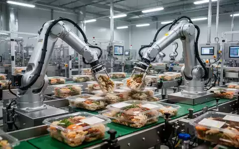 Roboterarme sortieren und verpacken Lebensmittelpakete in einer hochmodernen Produktionsanlage. - Foto: über boerse-global.de