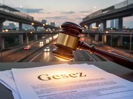 Ein stilisiertes, leuchtendes richterliches Gavel schlägt auf ein Dokument mit der Aufschrift 'Gesetz' vor einem unscharfen Autobahnkreuz bei Dämmerung. - Foto: über boerse-global.de