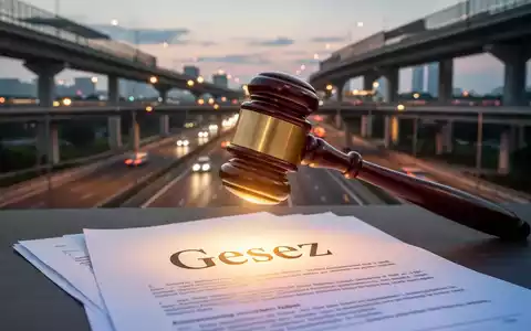 Ein stilisiertes, leuchtendes richterliches Gavel schlägt auf ein Dokument mit der Aufschrift 'Gesetz' vor einem unscharfen Autobahnkreuz bei Dämmerung. - Foto: über boerse-global.de