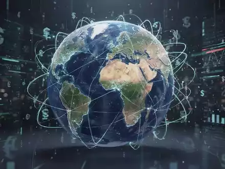 Ein stilisierter Globus mit vernetzten Linien, die globale Reise- und Spesenabwicklung symbolisieren, umgeben von digitalen Datenströmen. - Foto: über boerse-global.de