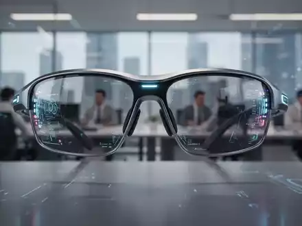Close-up of modern smart glasses with subtle glowing elements, reflecting a blurred office, symbolizing AI and technology. - Foto: über boerse-global.de