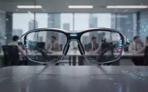 Close-up of modern smart glasses with subtle glowing elements, reflecting a blurred office, symbolizing AI and technology. - Foto: über boerse-global.de