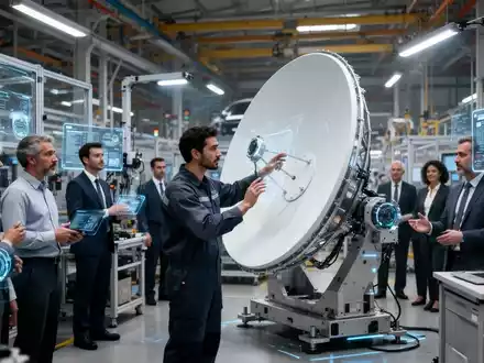 Eine Gruppe von Arbeitnehmern in einer modernen Fabrik, die zusammenarbeiten, um neue Technologie zu integrieren, einschließlich Satellitentechnik und KI. - Foto: über boerse-global.de