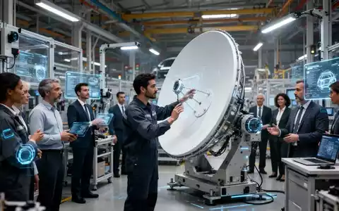 Eine Gruppe von Arbeitnehmern in einer modernen Fabrik, die zusammenarbeiten, um neue Technologie zu integrieren, einschließlich Satellitentechnik und KI. - Foto: über boerse-global.de