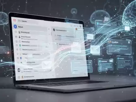 Eine abstrakte digitale Darstellung eines E-Mail-Posteingangs mit fließenden Informationen und KI-gesteuerter Organisation. - Foto: über boerse-global.de