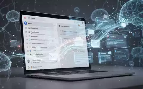 Eine abstrakte digitale Darstellung eines E-Mail-Posteingangs mit fließenden Informationen und KI-gesteuerter Organisation. - Foto: über boerse-global.de