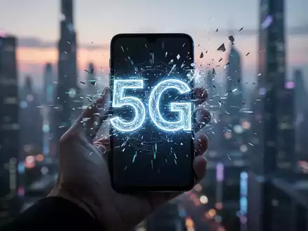 Eine Hand hält ein Smartphone, dessen Bildschirm ein abstraktes, glitchiges 5G-Symbol zeigt, vor einer verschwommenen Stadtkulisse. - Foto: über boerse-global.de