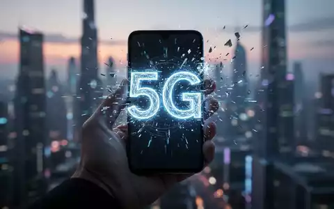 Eine Hand hält ein Smartphone, dessen Bildschirm ein abstraktes, glitchiges 5G-Symbol zeigt, vor einer verschwommenen Stadtkulisse. - Foto: über boerse-global.de