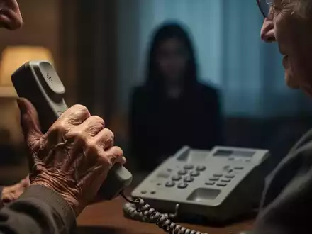 Eine ältere Person hält ein Telefon, während im Hintergrund eine unscharfe, schattenhafte Figur zu sehen ist. - Foto: über boerse-global.de