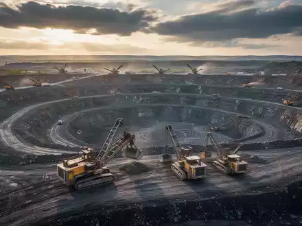 Luftaufnahme eines Wolfram-Tagebaus mit Maschinen und einer weiten Landschaft unter einem dramatischen Himmel. - Foto: über boerse-global.de