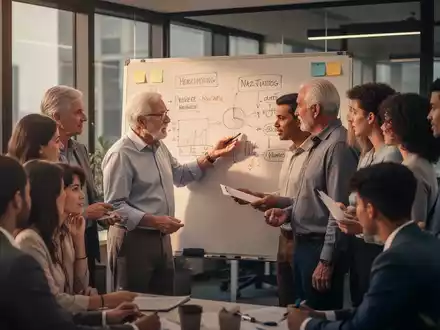 Ältere und jüngere Mitarbeiter in einem Büro tauschen sich aus, symbolisch für Wissenstransfer und Generationswechsel. - Foto: über boerse-global.de