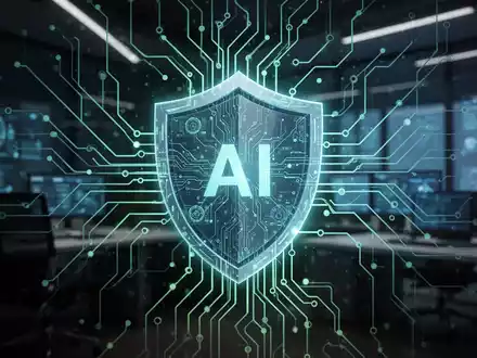 Eine schützende digitale Schild-Ikone über einem leuchtenden neuronalen Netzwerk oder einer Leiterplatte, die KI-Cybersicherheit symbolisiert. - Foto: über boerse-global.de