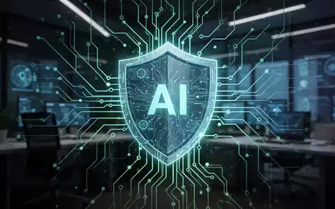 Eine schützende digitale Schild-Ikone über einem leuchtenden neuronalen Netzwerk oder einer Leiterplatte, die KI-Cybersicherheit symbolisiert. - Foto: über boerse-global.de