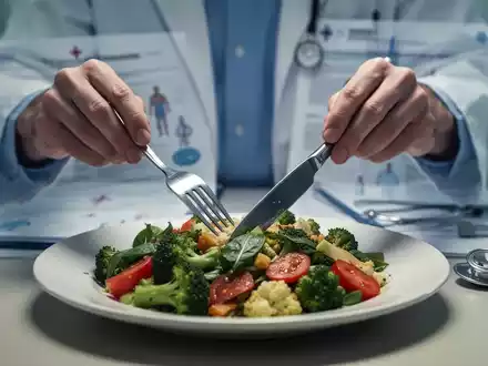 Hände halten Besteck über einem Teller mit gesundem Essen, im Hintergrund verschwommene medizinische Unterlagen. Symbolisiert die Verbindung von Ernährung und Gesundheit. - Foto: über boerse-global.de
