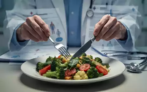 Hände halten Besteck über einem Teller mit gesundem Essen, im Hintergrund verschwommene medizinische Unterlagen. Symbolisiert die Verbindung von Ernährung und Gesundheit. - Foto: über boerse-global.de
