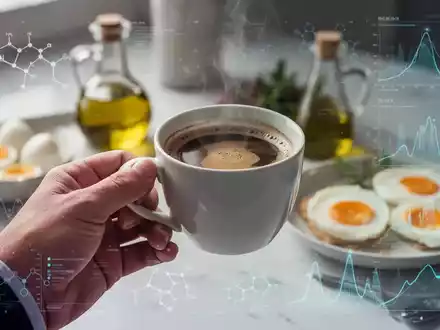 Eine Hand hält eine Kaffeetasse, im Hintergrund unscharf ein Frühstück mit Eiern und Olivenöl sowie angedeutete wissenschaftliche Daten. - Foto: über boerse-global.de
