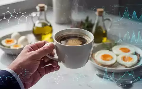 Eine Hand hält eine Kaffeetasse, im Hintergrund unscharf ein Frühstück mit Eiern und Olivenöl sowie angedeutete wissenschaftliche Daten. - Foto: über boerse-global.de