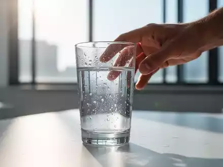 Ein klares Glas Wasser mit Kondenswasser auf einem Tisch in einem sonnigen Raum. Eine Hand greift nach dem Glas. - Foto: über boerse-global.de