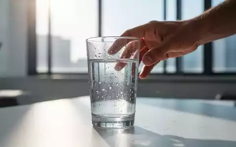 Ein klares Glas Wasser mit Kondenswasser auf einem Tisch in einem sonnigen Raum. Eine Hand greift nach dem Glas. - Foto: über boerse-global.de