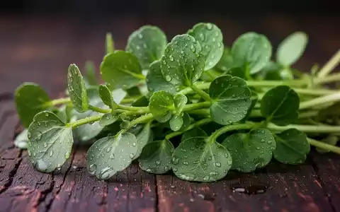 Nahaufnahme von frischer, grüner Brunnenkresse mit Wassertropfen auf einer dunklen Holzoberfläche, die Gesundheit und Reinheit symbolisiert. - Foto: über boerse-global.de