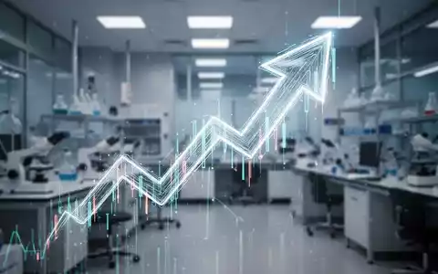 Ein stilisierter, leuchtender Aufwärtspfeil vor dem unscharfen Hintergrund eines modernen Labors, der einen starken Kursanstieg symbolisiert. - Foto: über boerse-global.de