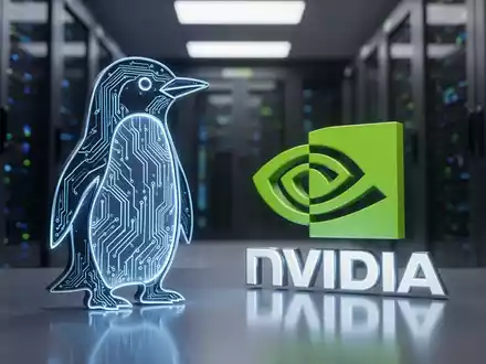 Ein stilisierter Pinguin aus Leiterbahnen leuchtet blau neben einem futuristischen NVIDIA-Logo vor einem unscharfen Rechenzentrum. - Foto: über boerse-global.de