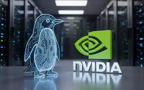 Ein stilisierter Pinguin aus Leiterbahnen leuchtet blau neben einem futuristischen NVIDIA-Logo vor einem unscharfen Rechenzentrum. - Foto: über boerse-global.de