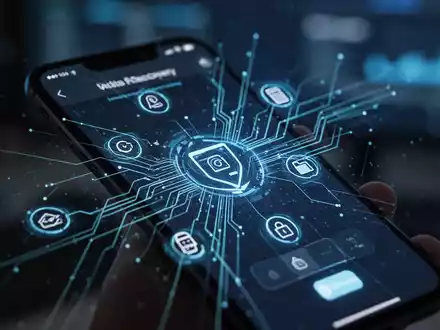 A close-up of an iPhone screen showing a data recovery interface with abstract digital elements, representing mobile data retrieval. - Foto: über boerse-global.de