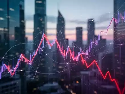 Abstrakte Darstellung eines starken Kurssturzes in einem Aktiendiagramm, überlagert mit leuchtenden Kommunikationsnetzwerken. - Foto: über boerse-global.de