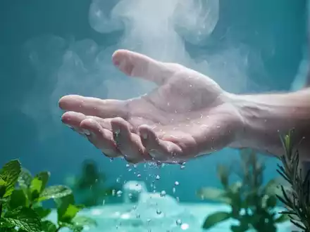 Eine Hand greift in einen kühlen Nebel, umgeben von blauen und türkisen Farbtönen, mit Andeutungen von Minze oder Rosmarin. - Foto: über boerse-global.de