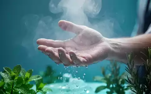 Eine Hand greift in einen kühlen Nebel, umgeben von blauen und türkisen Farbtönen, mit Andeutungen von Minze oder Rosmarin. - Foto: über boerse-global.de