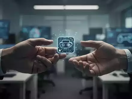 Eine Hand übergibt ein stilisiertes Videospiel-Icon an eine andere Hand, im Hintergrund ein unscharfes Büro. - Foto: über boerse-global.de