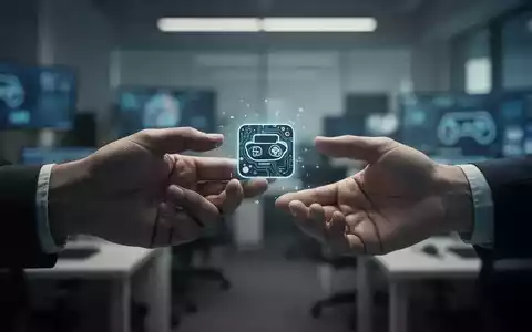 Eine Hand übergibt ein stilisiertes Videospiel-Icon an eine andere Hand, im Hintergrund ein unscharfes Büro. - Foto: über boerse-global.de
