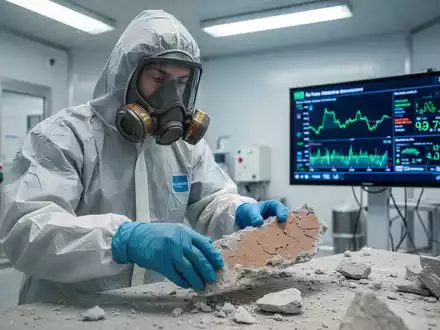 Ein Arbeiter in Schutzanzug und Atemschutzmaske bei der Asbestsanierung, mit digitaler Anzeige zur Asbestdetektion im Hintergrund. - Foto: über boerse-global.de