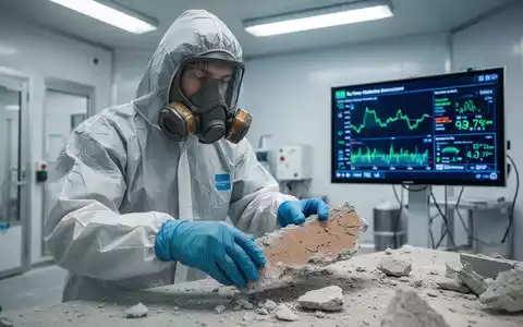 Ein Arbeiter in Schutzanzug und Atemschutzmaske bei der Asbestsanierung, mit digitaler Anzeige zur Asbestdetektion im Hintergrund. - Foto: über boerse-global.de
