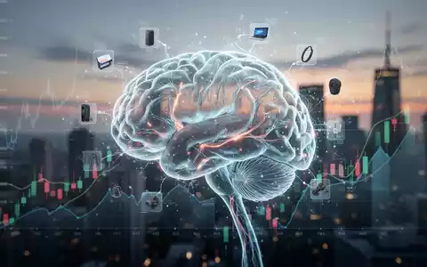 A glowing AI brain with digital advertising icons integrated into its neural pathways, set against a backdrop of financial data. - Foto: über boerse-global.de