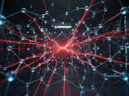 Abstrakte digitale Darstellung von Cyber-Sicherheitsbedrohungen in KI, rote Linien durchdringen ein blaues Netzwerk. - Foto: über boerse-global.de