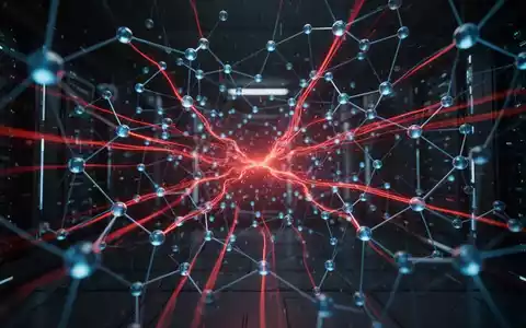 Abstrakte digitale Darstellung von Cyber-Sicherheitsbedrohungen in KI, rote Linien durchdringen ein blaues Netzwerk. - Foto: über boerse-global.de