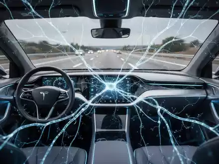 Abstract neural network lines glow over the interior of a futuristic self-driving car, with a highway visible through the windshield. - Foto: über boerse-global.de