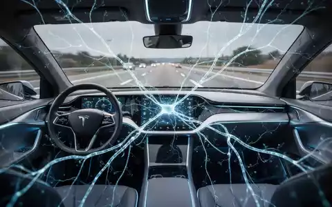 Abstract neural network lines glow over the interior of a futuristic self-driving car, with a highway visible through the windshield. - Foto: über boerse-global.de