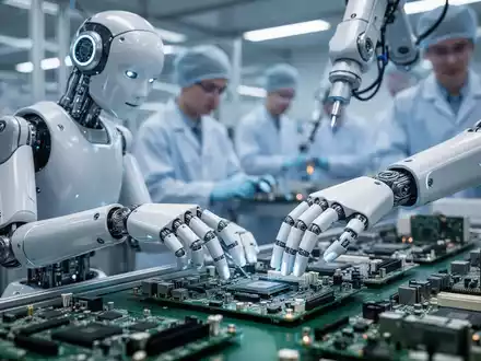 A humanoid robot with sleek design works on an electronics assembly line in a high-tech factory, performing precision tasks. - Foto: über boerse-global.de