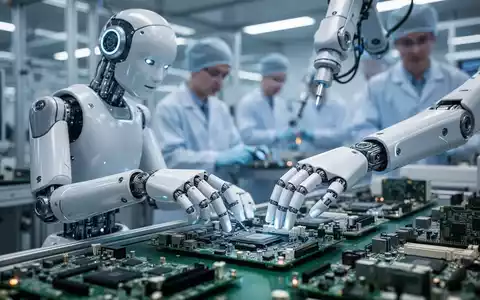 A humanoid robot with sleek design works on an electronics assembly line in a high-tech factory, performing precision tasks. - Foto: über boerse-global.de